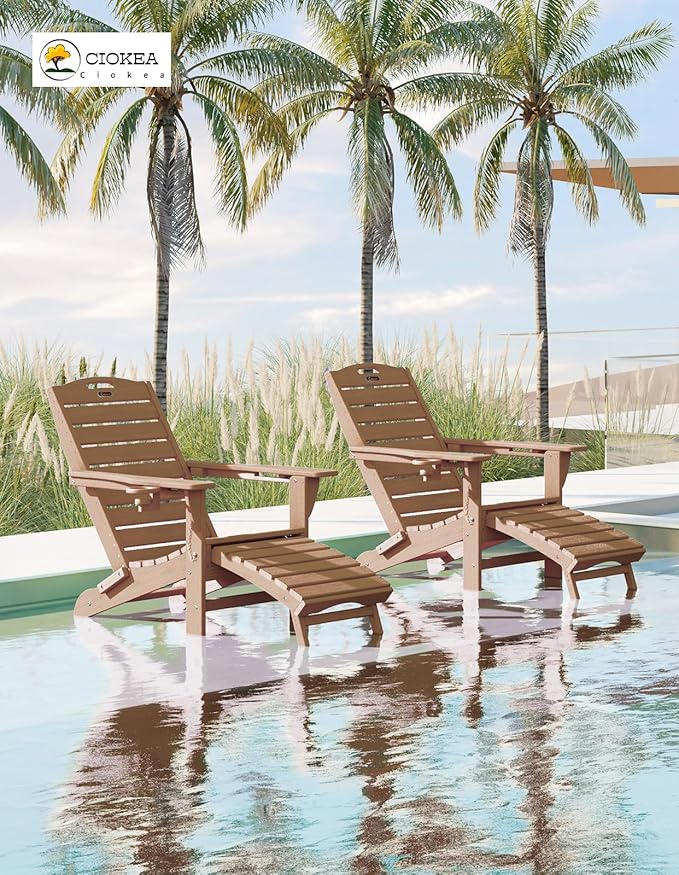 Ciokea Folding Adirondack Chair Set of 6 with Retractable Ottoman Fire Pit Patio Chair with Pull Out Foot Rest Weather Resistant Lawn Outdoor Chair with 2 Cup Holder (Teak)
