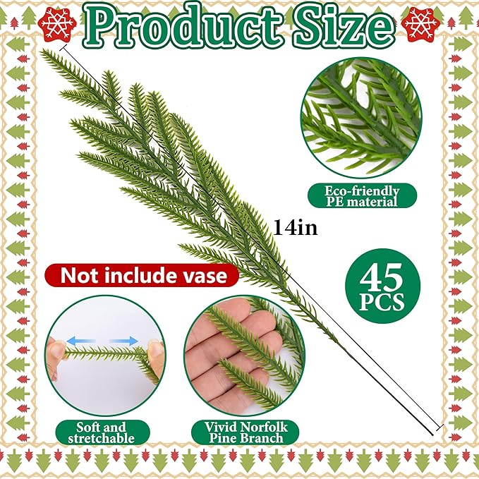 Watayo 60 Pcs Christmas Norfolk Pine Branches with Red Berry Stems, 14" Artificial Greenery Norfolk Pine Stems Sprigs, Fake Foliage Pine Needles Picks for DIY Craft Garland Home Decoration