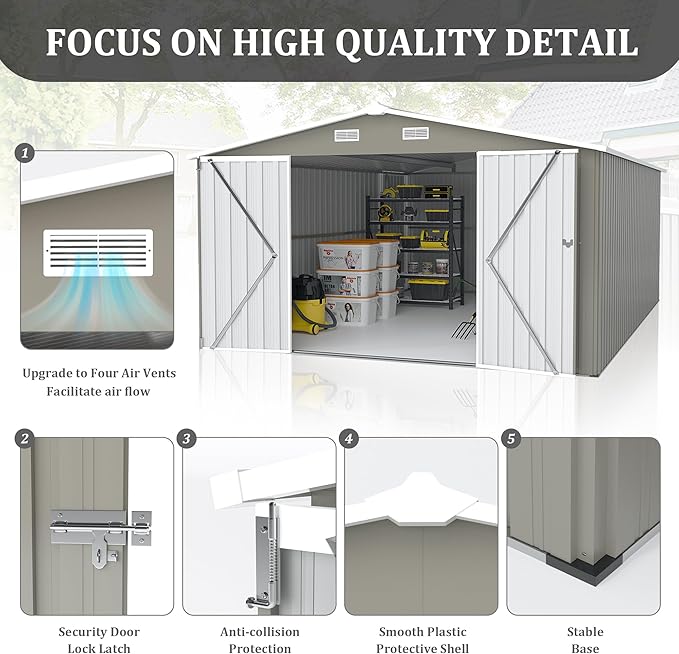 YOPTO 10x14 FT Outdoor Storage Shed, Extra Large Metal Garden Shed with Waterproof Roof, 4 Vents and 3 Lockable Doors,All-Weather Tool Shed Storage House for Backyard, Patio, Lawn,Light Grey