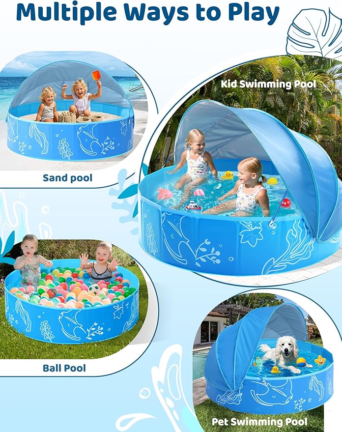 Hikiddy Foldable Kiddie Pool with Canopy: 31.5in/ 47in /63in for Baby Toddler Kids Family - Summer Water Play Pool with Shade - Portable for Outdoor Backyard Beach (Blue-Blue, 47in)
