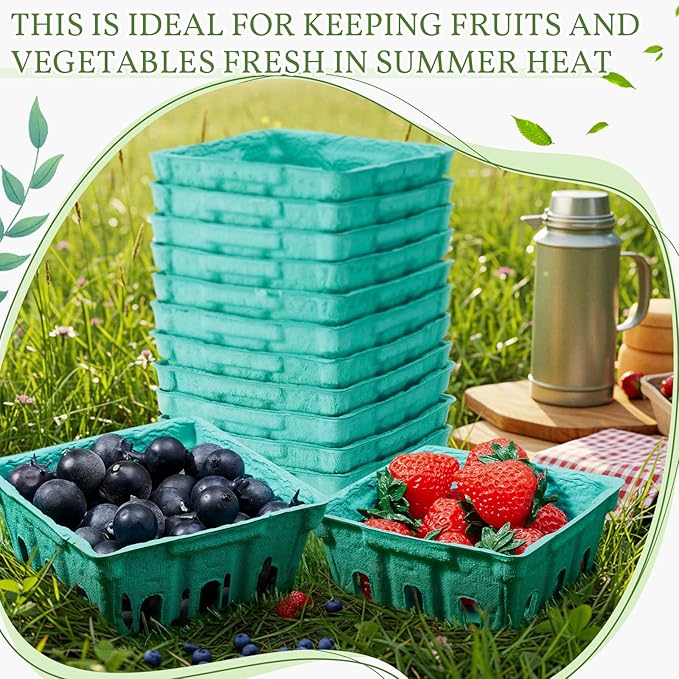 Reallnaive 20 Pack Green Pulp Fiber Berry Baskets 1/2 Pint, Small Molded Produce Vented Basket for Strawberry, Blueberry, Raspberry, Vegetables, Farmers Market, Fruit Picking, Garden Harvest, Party