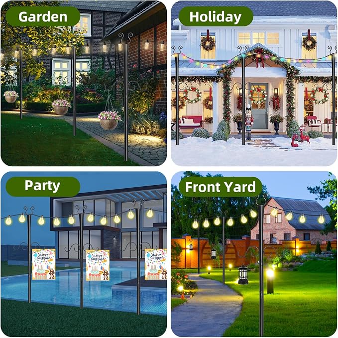 6 Pack Outdoor Patio Light Poles for String Lights, 10Ft Heavy Duty Metal String Light Poles with Shepherds Hooks for Hanging Plant & Bird Feeder, Deck Pole for Outdoor Strings Lights