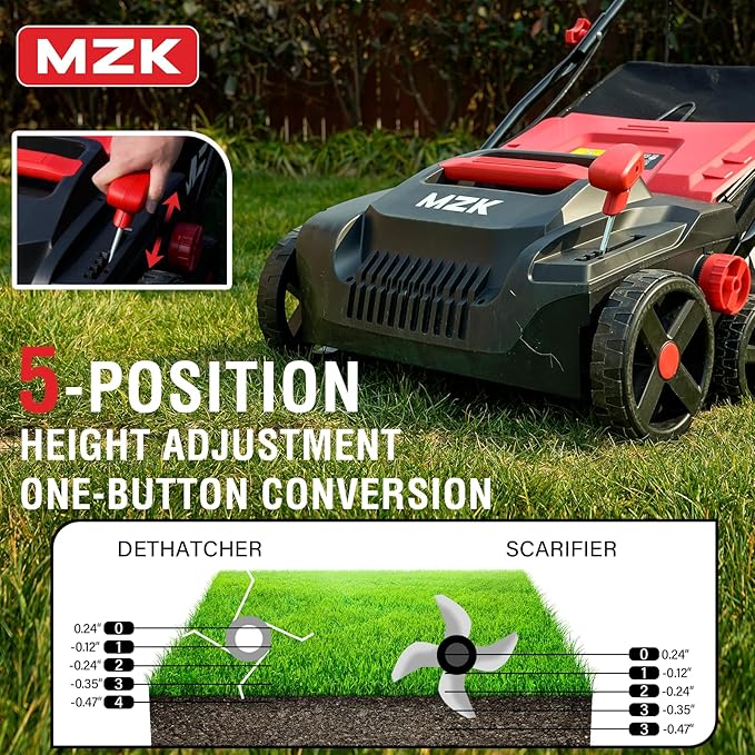 MZK 15-inch 2-in-1 Electric Dethatcher and Scarifier w/Removeable 5-Position Height Adjustment,Lawn dethatcher w/12-Gallon Thatch Collection Bag,Keep Lawn Health