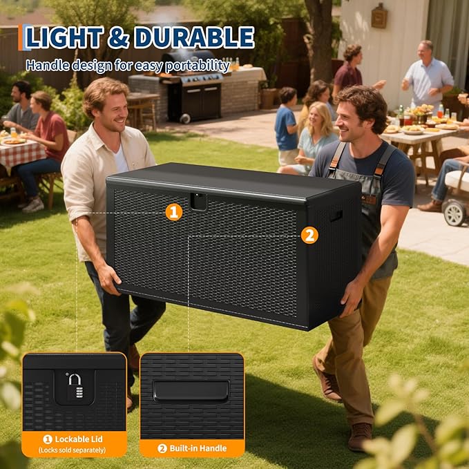 GarveeLife 150 Gallon Outdoor Storage Box, Large Resin Deck Box with Hydraulic Air Rod, Weatherproof & Lockable Outdoor Storage Bin for Patio Cushions, Garden Tools, Pool Supplies, Porch, Black