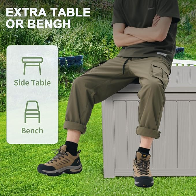 120 Gallon Outdoor Storage Box, Waterproof Resin Deck Box for Indoor & Outdoor Use Lockable Storage Bench with Piston Hinge Storage Bin for Indoor, Garden Tools, Pool Supplies, Patio, Grey
