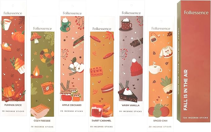 Folkulture Incense Sticks | Set of 6 (120 Fall Incense Sticks) | Non Toxic Fall Scents with 45 Min Burn Time | Pumpkin Spice, Apple Orchard, Caramel, Vanilla | Organic Inscent for Fall Essentials