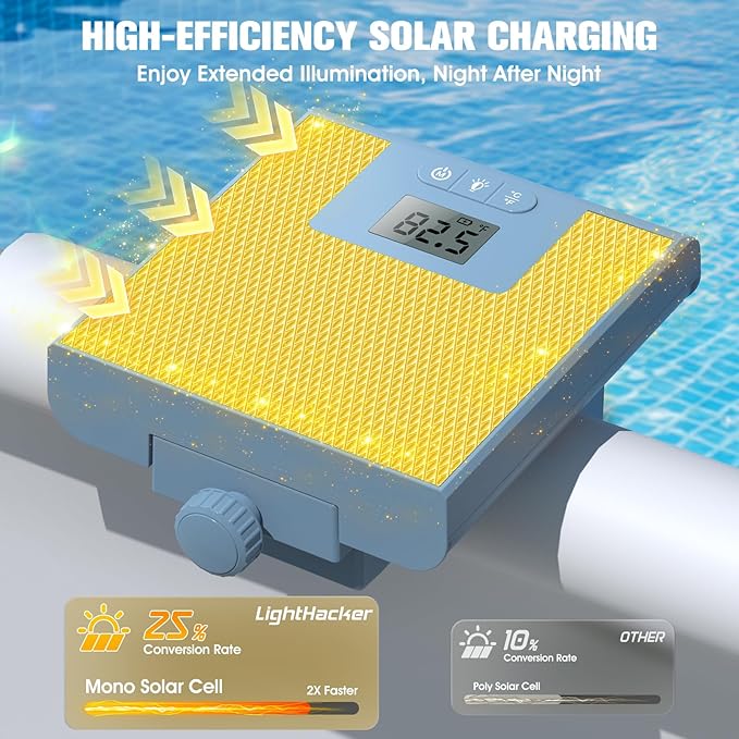 Solar Pool Lights for Metal Frame Above Ground Pool, Upgraded Solar Lights w/LCD Pool Thermometer,Underwater Led Lights for Pool Accessories,Swimming Pool Lighting with 10 Light Modes,1PC