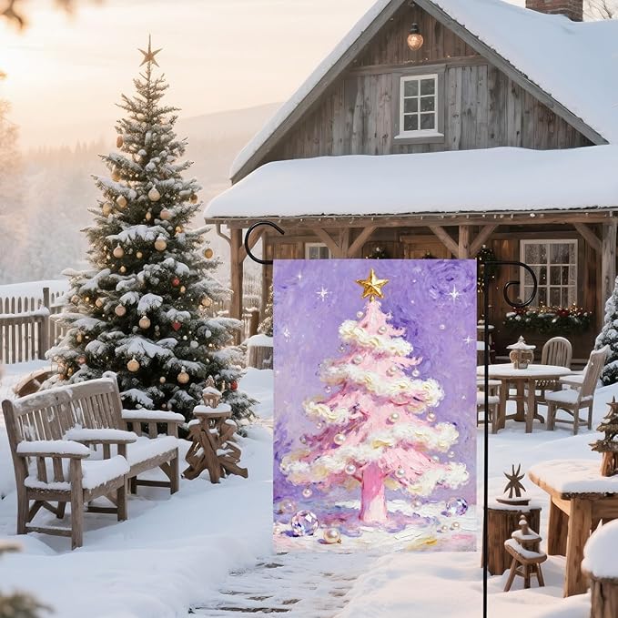Christmas Garden Flag 12x18 Inch Purple Pink Xmas Tree Pearl Winter Holiday Decorative Yard Flags for Outside Double Sided Seasonal Outdoor Home Farmhouse Decoration Porch New Year Decor