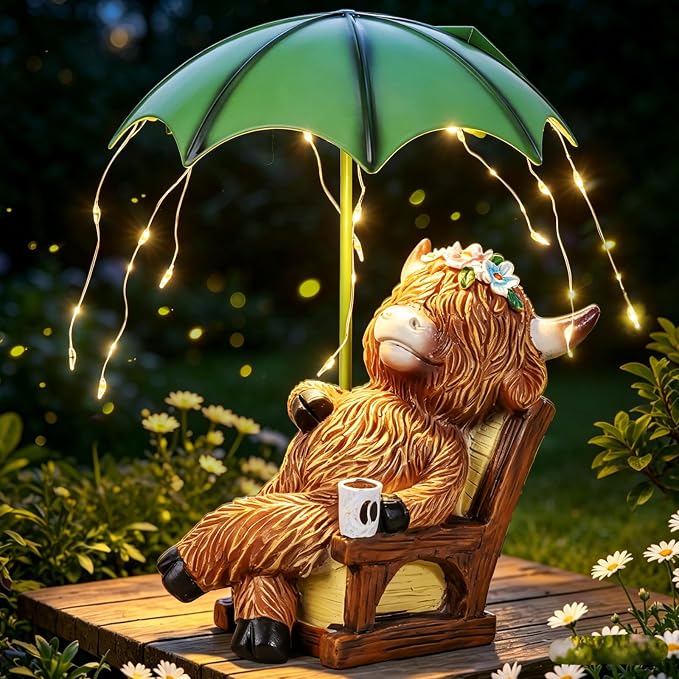 Pohabery Solar Highland Cow Garden Statue with Umbrella Lights - Resin Mother & Calf Outdoor Decor, Waterproof LED Yard Art for Patio, Lawn & Porch | Perfect Housewarming & Garden Gift