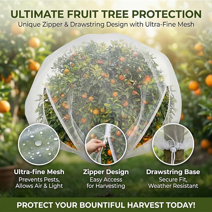 SATINIOR 2 Pcs 15x15ft Large Fruit Tree Netting with Double Zipper Drawstring Bird Netting Fruit Tree Covers Garden Plant for Squirrels Birds Deer Bugs Cherry Blueberry Peach Apple Trees