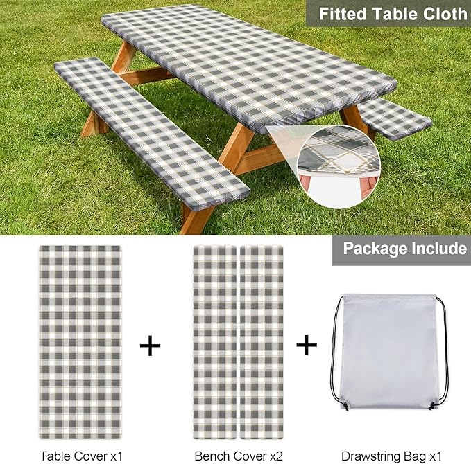 Picnic Table Cover with Bench Covers Camping Essentials Waterproof Windproof Camping Tablecloth with Drawstring Bag, Fitted Rectangle Tables and Seats, 72in, Gray White