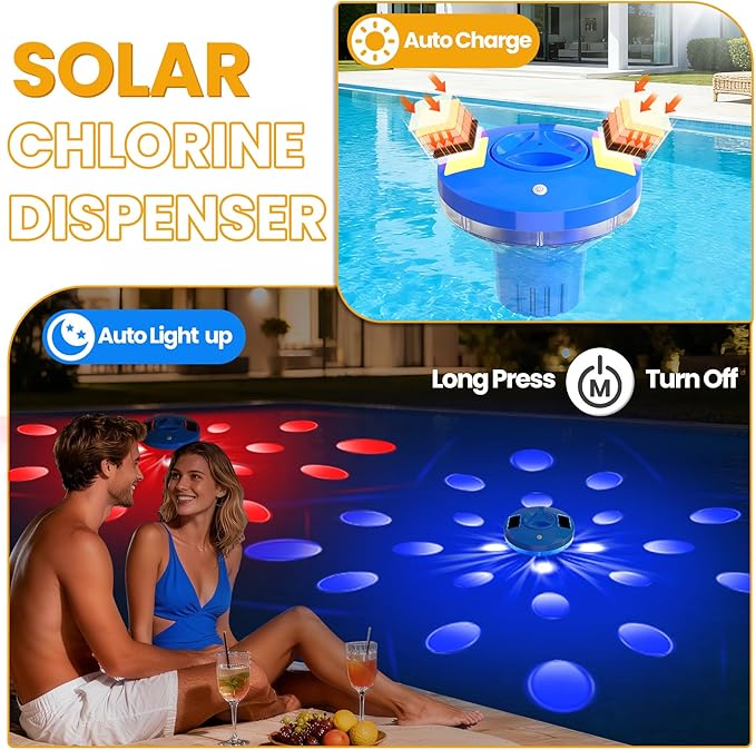 AquClor 2026 New Pool Chlorine Floater,Large Capacity Chlorine Floaters for 5 * 3'' Chlorine Tabs,Solar Chlorine Floater w/Light,Adjustable Floating Chlorine Dispenser for Pool,Hot Tub,Blue