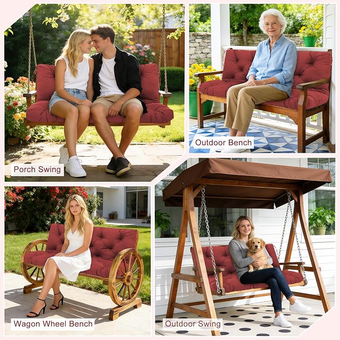 Porch Swing Cushions 2 Seater Replacement Thicken 5" Waterproof & Fade Resistant Swing Cushions for Outdoor Furniture Bench Patio Swing Cushion with Backrest & Ties(Wine Red 40x40x5inch)