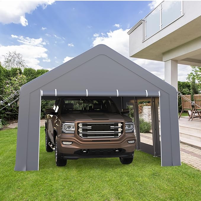 13x20FT Heavy Duty Portable Garage, Waterproof Carport with 5 Roll-Up Ventilated Windows & Removable Sidewalls, Garage Tent Shelter with 220G PE Tarp Cover for Temporary Paint Booth, Boats&Pickups