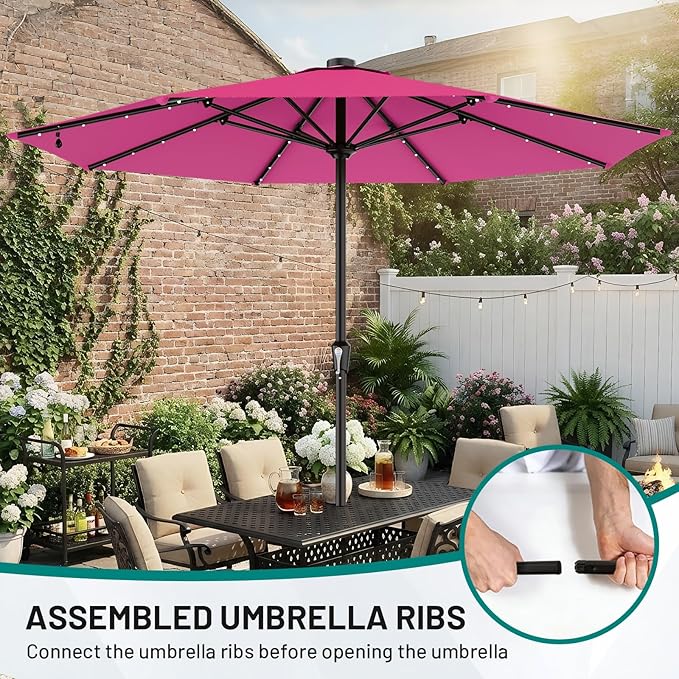 AreShark 11FT Large Patio Umbrella with Solar Lights, Lighted Solar Umbrella with Crank, Outdoor Table Market Umbrellas for Garden, Deck, Backyard, Pool and Beach, Rose Pink