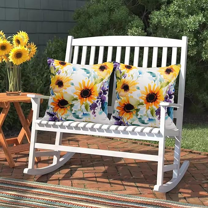 Pack of 2 Waterproof Outdoor Pillow Covers 18x18 Inch Spring Summer Sunflower Pillow Covers Decorative Square Patio Pillows Outdoor Pillows Covers for Patio Furniture Garden(No Pillow Insert)