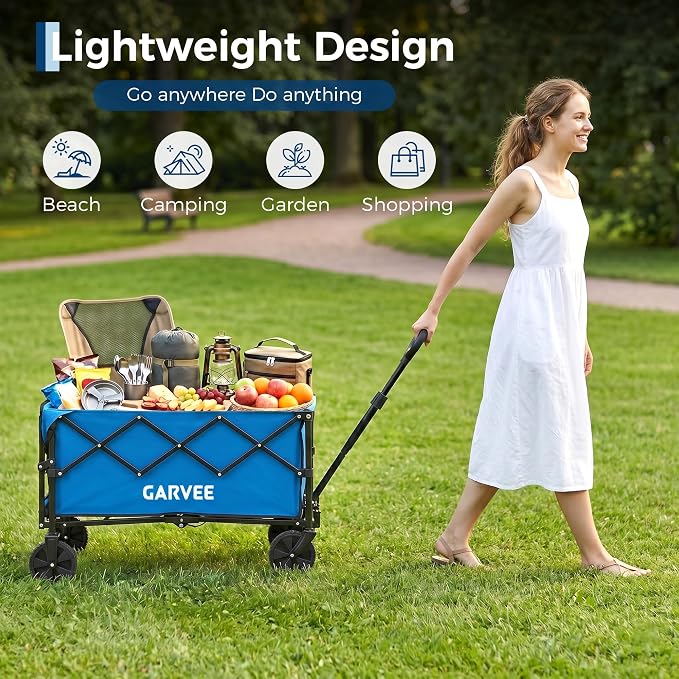 Collapsible Wagon Cart Max 220lb Load & Expandable Storage 120L, Double Bearing Design for Flexible Steering, Foldable Heavy Duty Garden Cart with 2 Cup Holders for Groceries, Garden & Camping