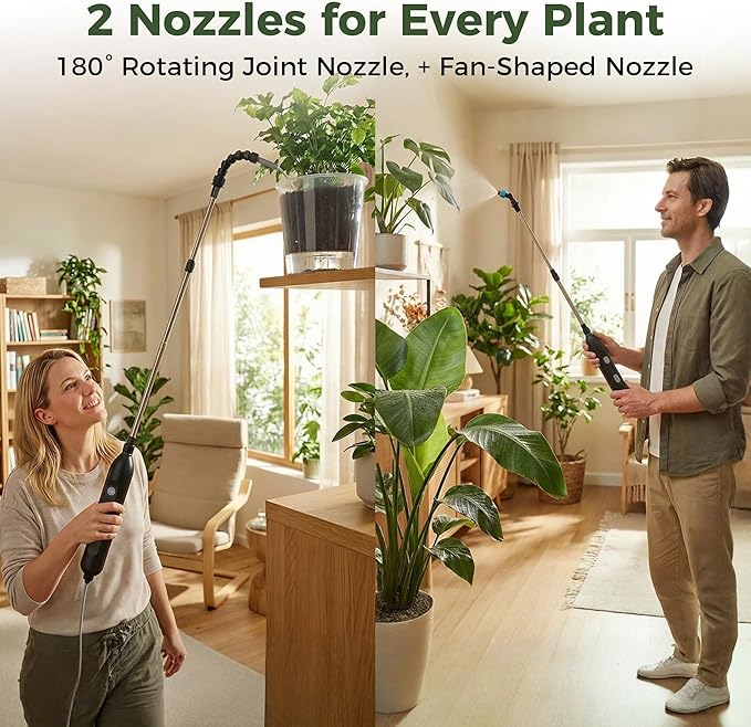 Rechargeable Cordless High Reach Plant Waterer - with Telescopic Wand Plant (25.6–33.4 in), Watering Can Hanging Plants Baskets, 2 Adjustable Nozzles and 8.6ft Water, Hose for Yard Lawn Weeds Plants