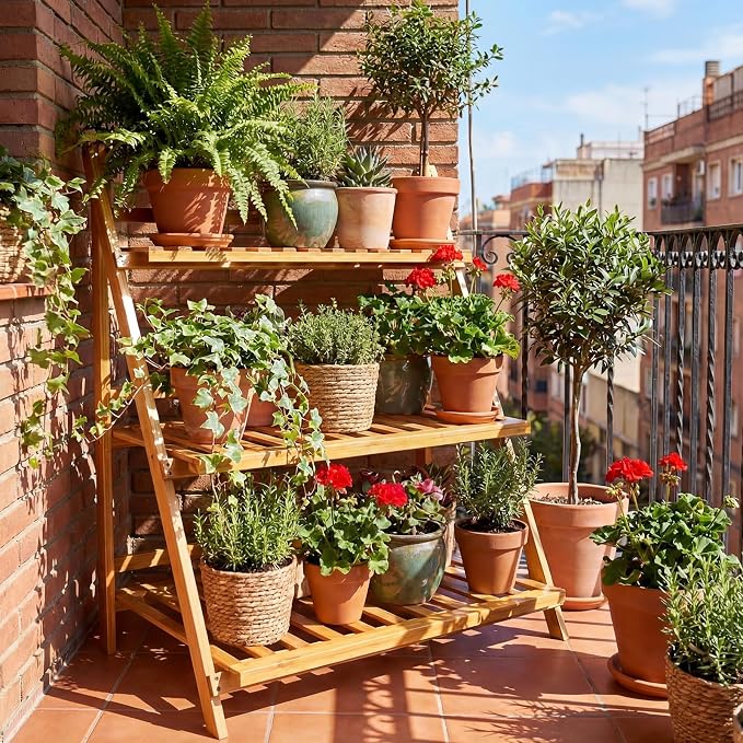 Leinuosen 2 Pcs 50.4" Bamboo 3-tier Tall Plant Stand with Hanging Shelf, Indoor & Outdoor Ladder Flower Pot Display Shelf Wooden Tall Foldable Plant Stand Holder for Garden Patio Balcony Living Room