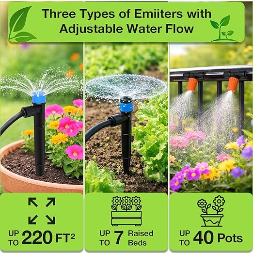 MIXC 250FT Drip Irrigation System Kit, Quick-Connect Garden Misting Watering System with 1/2” 1/4” Tubing Adjustable Nozzles Sprinklers for Indoor Outdoor Garden Potted Plant Lawn Greenhouse