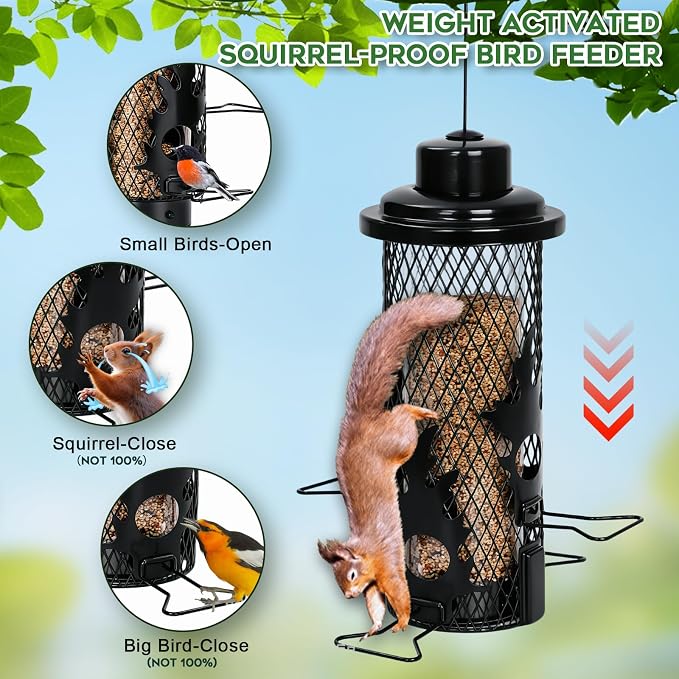 Gbekery Squirrel Proof Bird Feeders for Outdoors Hanging, Black | Metal Wild Bird Feeders for Small Birds with Weight Activated Perches, Weatherproof and Durable, Perfect for Backyard Garden