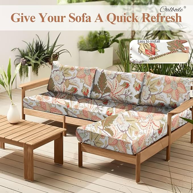CALBODE 8Pcs High Elastic Digitally Printed Sofa Seat Cushion Cover, Soft & Comfortable Reusable Floral Print Stretch Couch Cushion Slipcover for Outdoor Furniture Protector Replacement(Cover Only