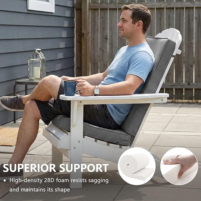 Adirondack Chair Cushions Set of 2 - Removable Covers, Water-Repellent & Fade-Resistant Faux Linen, Securing Straps, Non-Slip Bottom, Fit for Most Outdoor Adirondack & Rocking Chairs - Dark Grey