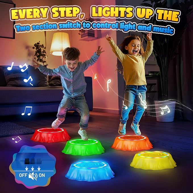 Flooyes Stepping Stones for Kids, 5PCS Light Up & Music Non-Slip Stepping Stones, Sensory Toys for Toddler Balance & Coordination Skills, Indoor & Outdoor Toys for Toddlers Ages 3-5