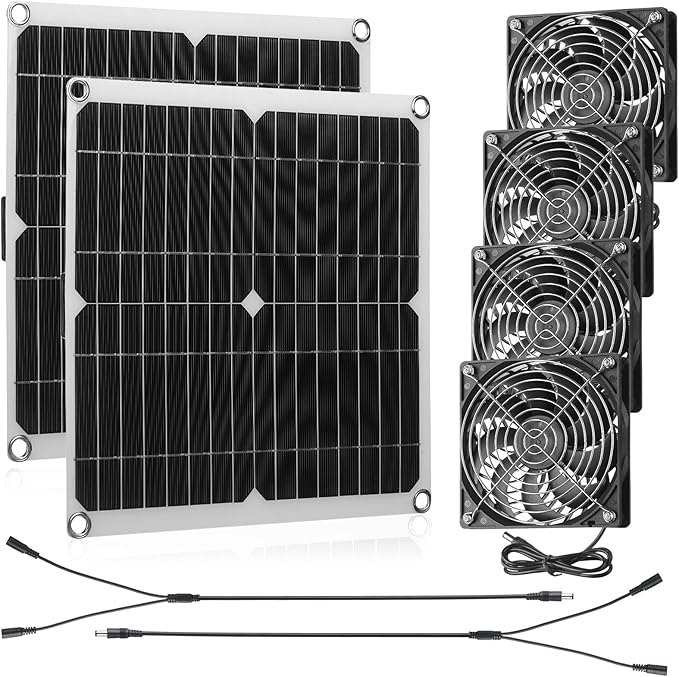 Riakrum 20W 16V Solar Panel Exhaust Fan Kit USB Portable Solar Powered Fan Summer Outdoor Waterproof Ventilator Fan for Chicken Coops, Greenhouses, Camping Exhaust (2 Sets)