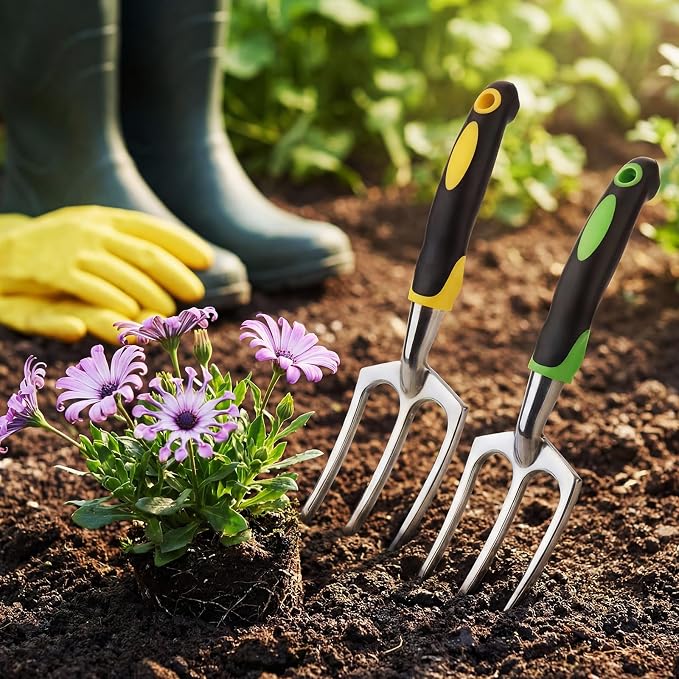 Yaocom 12 Pcs Hand Rakes Garden Tool Mini Heavy Duty Garden Cultivator 11 Inch Small Rake Gardening Hand Tiller with Handle for Digging Weeding Loose Soil(3-Tine Prong Fork,Yellow, Green)