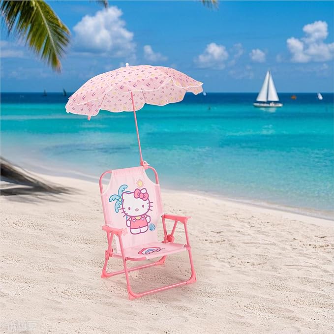 Sanrio Hello Kitty Kids Outdoor Folding Beach Chair with Umbrella,Portable Camp Chair for Ages 3+, Lightweight & Compact for Beach, Camping, and Backyard