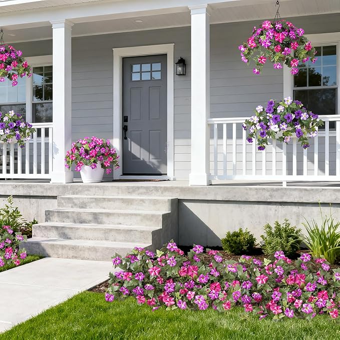 Ammyoo 4 Pcs Artificial Fake Petunia Flowers for Outdoor Decoration, Faux Silk Petunias Flower for Spring UV Resistant Realistic Plants for Garden Balcony Yard Porch Indoor Decor(Fuchsia Lotus)