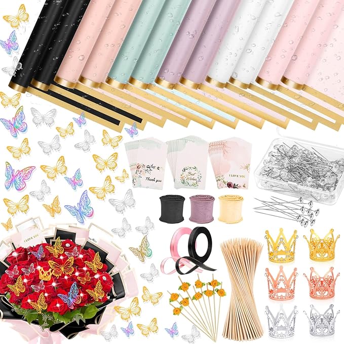 366 pcs Flower Bouquet Wrapping Paper,Waterproof Flower Floral Wrapping Paper Bouquet Sheets With Ribbons Pins 3D Butterflies and Crowns for Florist Wrap
