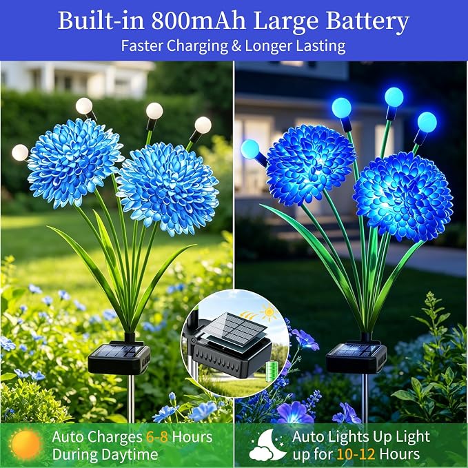 VOOKRY Solar Flowers Outdoor Waterproof, 4 Pack Blue Garden Lights with Swaying Firefly Lights, Flower Light Garden Decor for Yard Patio Pathway Lawn Grave, Gardening Gifts for Women Mother's Day
