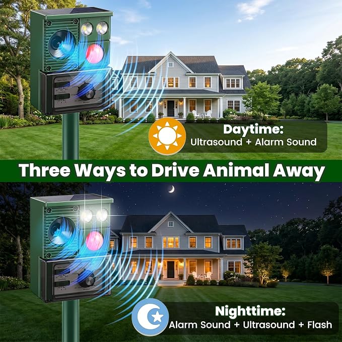 Solar Ultrasonic Animal Repellent Outdoor, 2026 Upgraded Cat Repellent with PIR Sensor & Flashing Light, Deer Repellent Devices Cat Raccoon Squirrel Rabbit Skunk Deterrent for Patio Garden