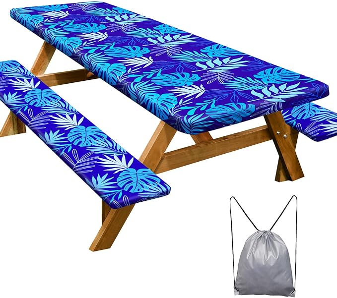 Play Tailor Picnic Table Cover with Bench Covers Camping Essentials Waterproof Windproof Camping Tablecloth with Drawstring Bag, Fitted Rectangle Tables and Seats, 96in, Dark Blue