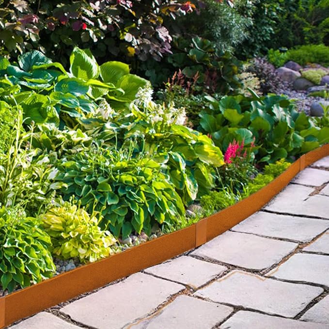 Hugeleaf 4.5 Inch Pre-Rusted Cor-Ten Steel Landscape Edging with 11 Pcs Metal Clips, Hammer-in Heavy Duty Metal Edging Pack of 10 (33 Feet Total Length) -Edge for Lawn Garden Yard