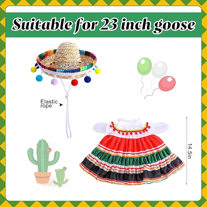 Watayo 2 Pcs/Set Mexican Porch Goose Outfits, Lawn Goose Clothing Costume for Cinco De Mayo, Garden Goose Clothes Striped Dress Mexican Sombrero for 23" High Statue Outdoor Patio Yard Decor (A Style)