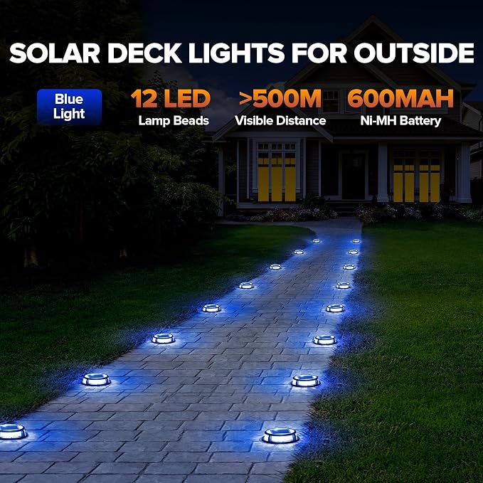 LUTEC 12 Pack Solar Deck Lights Driveway Dock 12 LEDs Light Solar Powered Outdoor Waterproof Road Markers for Step Sidewalk Stair Garden Ground Pathway Yard (Blue)