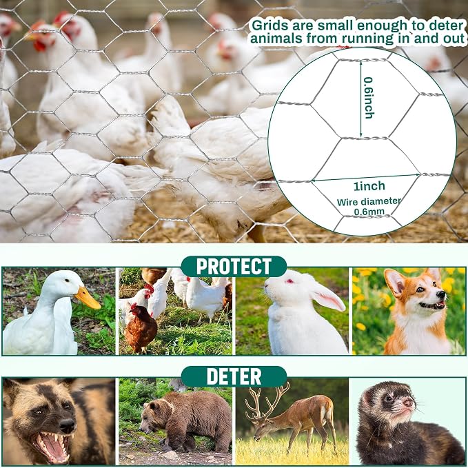 GlikCeil 48 in x 200 ft Chicken Wire Fencing Mesh, Metal Floral Chicken Wire for Floral Arrangements, 0.6 Inch Hexagonal Galvanized Poultry Netting for Garden, Coop Barrier, Duck Rabbit Cage(Silver)