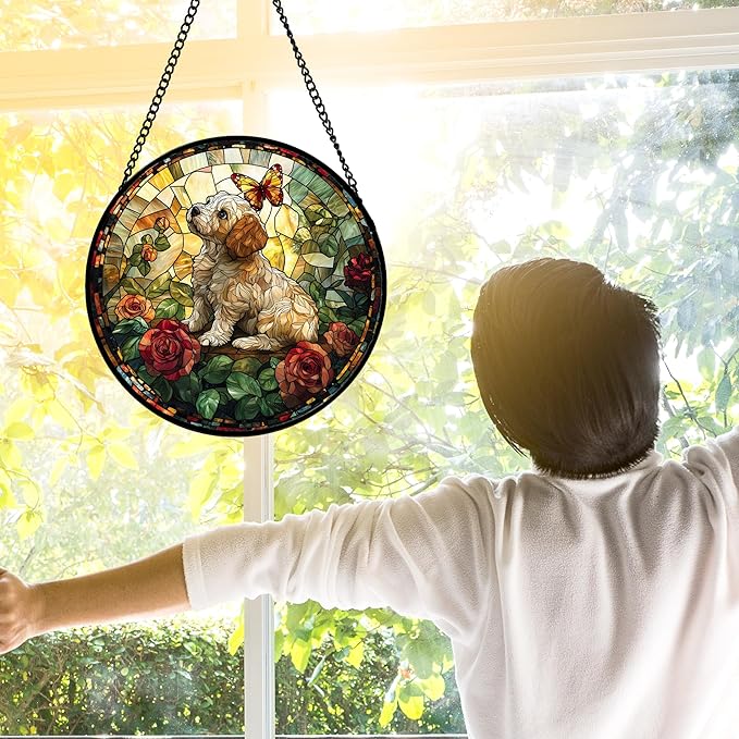 DASTOLL Stained Glass Window Hanging, Cute Dog and Flowers Suncatcher for Doors Home Butterfly Sun Catchers Decoration and Christmas, Mother's Day Birthday Gifts for Women, Men, and Mom 11.8x11.8 in