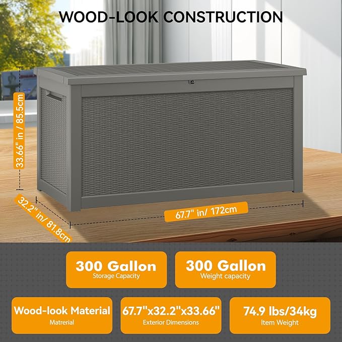 KAMABOKO 300 Gallon Outdoor Storage Box, Resin Deck Boxes Indoor and outdoor, Waterproof Storage Box Lockable Lid for Garden Tools, Package Delivery, Patio Cushions, Grey
