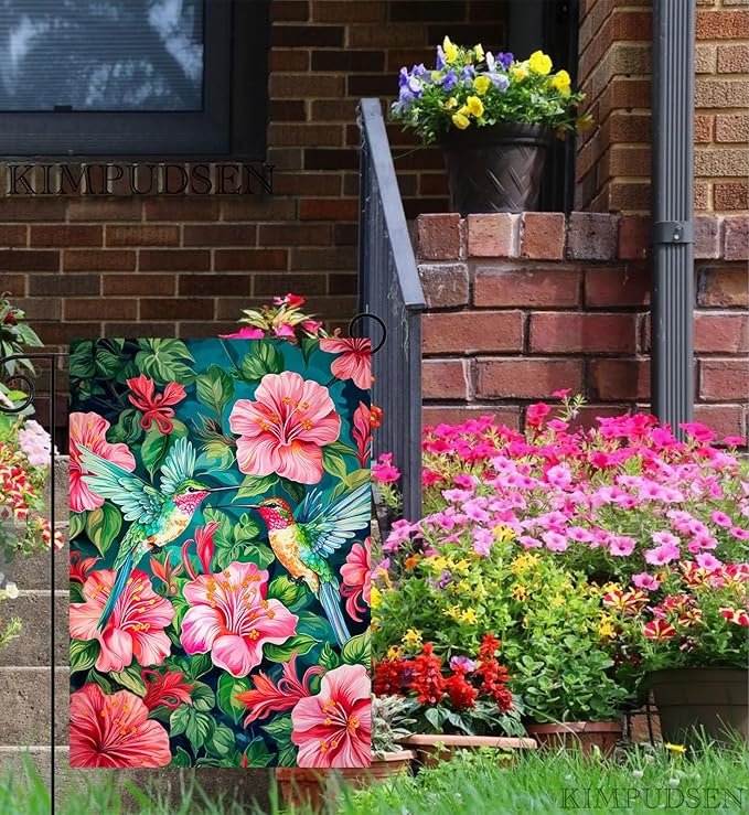 Spring Summer Garden Flag 12 x 18 Inch Double Sided, Colorful Hummingbird Floral Yard Flag Small Outdoor Decorative Flag for Garden Patio Lawn Decor