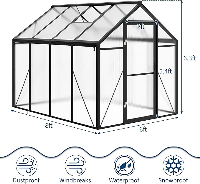 Garvee 6 x 8 ft Greenhouse, Greenhouses for Outside, Polycarbonate Greenhouse with Aluminum Frame, Lockable Door and Ajustable Roof Vent for Backyard, Green Houses for Outside Garden Backyard, Patio