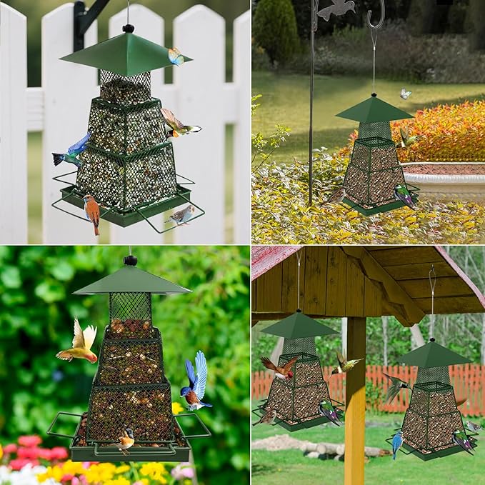 Green Metal Bird Feeder – Squirrel-Resistant Hanging Feeder with 4 Perches | Large Seed Capacity, 360° Mesh for Backyard & Garden