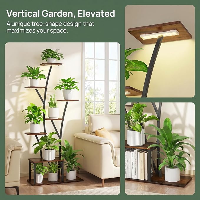 Quikraen 7 Tier Tall Plant Stand with Grow Light For Indoor Plants Growing 60in Indoor Flower Stand Tree-Shaped Plant Shelves for Living Room Patio Black