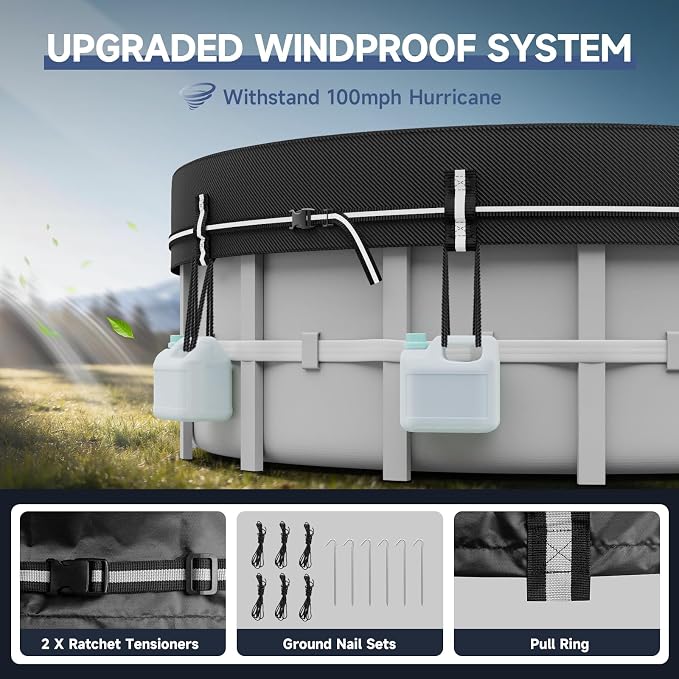 LXKCKJ 8 Ft Round Pool Cover for Above Ground Pools, 420D Oxford | Waterproof 10000PA, 100MPH Windproof with 2 buckles and Ground nail set, 634N Tear-Resistant, UPF50+, 95% Evaporation Control