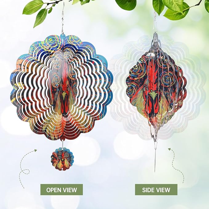 Rooster Wind Spinners Outdoor for Mother's Day, IDEA SHOW 12In Stainless Steel Wind Spinners, 3D Kinetic Hanging Sculpture, Rustproof Metal Garden Decor Ornaments for Yard Art, Women, Men, Holidays