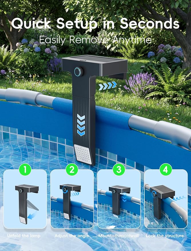 POOLHOUR Solar Pool Lights for Above Ground Pools (Metal Frame Only), LED Above Ground Pool Light with Remote & Timer, Submersible Underwater Lighting, 10-Color RGB 4-Mode Poolside Solar Light, 1 Pack