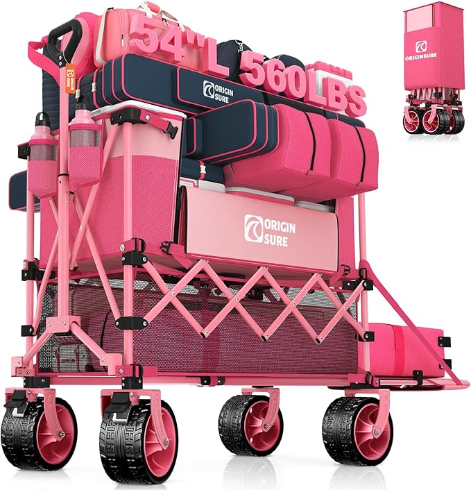 400L Double Decker Wagon Collapsible with 54" L Tailgate, 560lbs Heavy Duty Wagons Carts Foldable, Extra Large Folding Beach Wagon with Big All-Terrain Wheels for Camping, Sports, Groceries, Pink